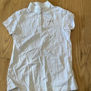 White horseback riding show tee shirt with rose gold glitter dots